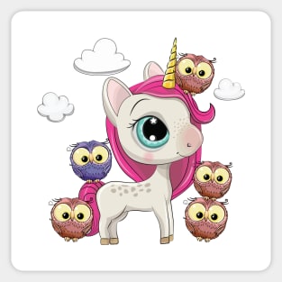 Cute little unicorn girl and owls with clouds and pink hair Sticker